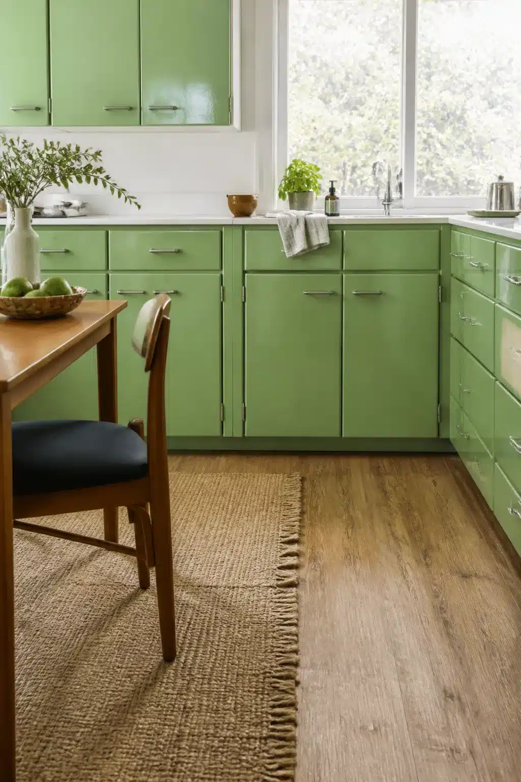 High-gloss sage green kitchen cabinets with chrome bar pulls, white countertops, and warm wood floors