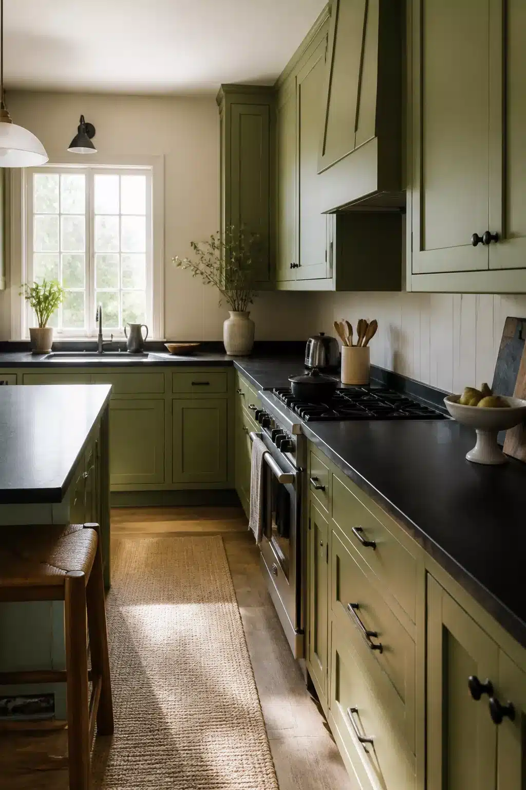 Sage green kitchen cabinets with black soapstone countertops, shaker doors, dark hardware, and a jute runner rug