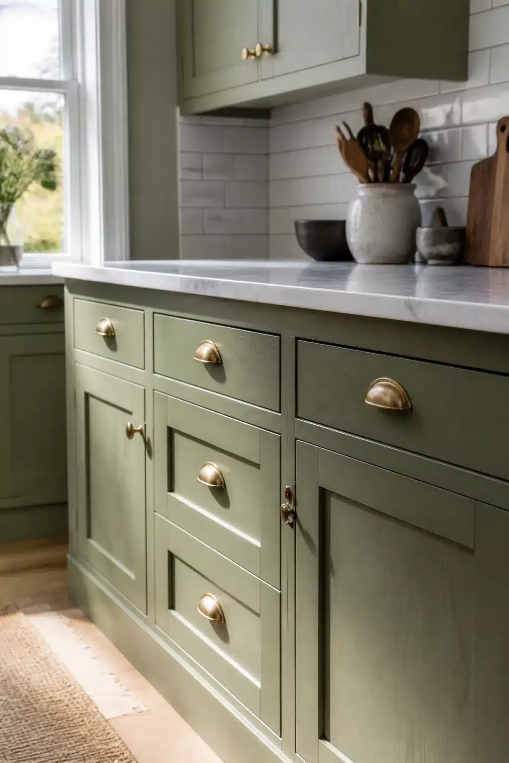 Sage green kitchen cabinets with brass cup pulls, white marble countertops, and subway tile backsplash