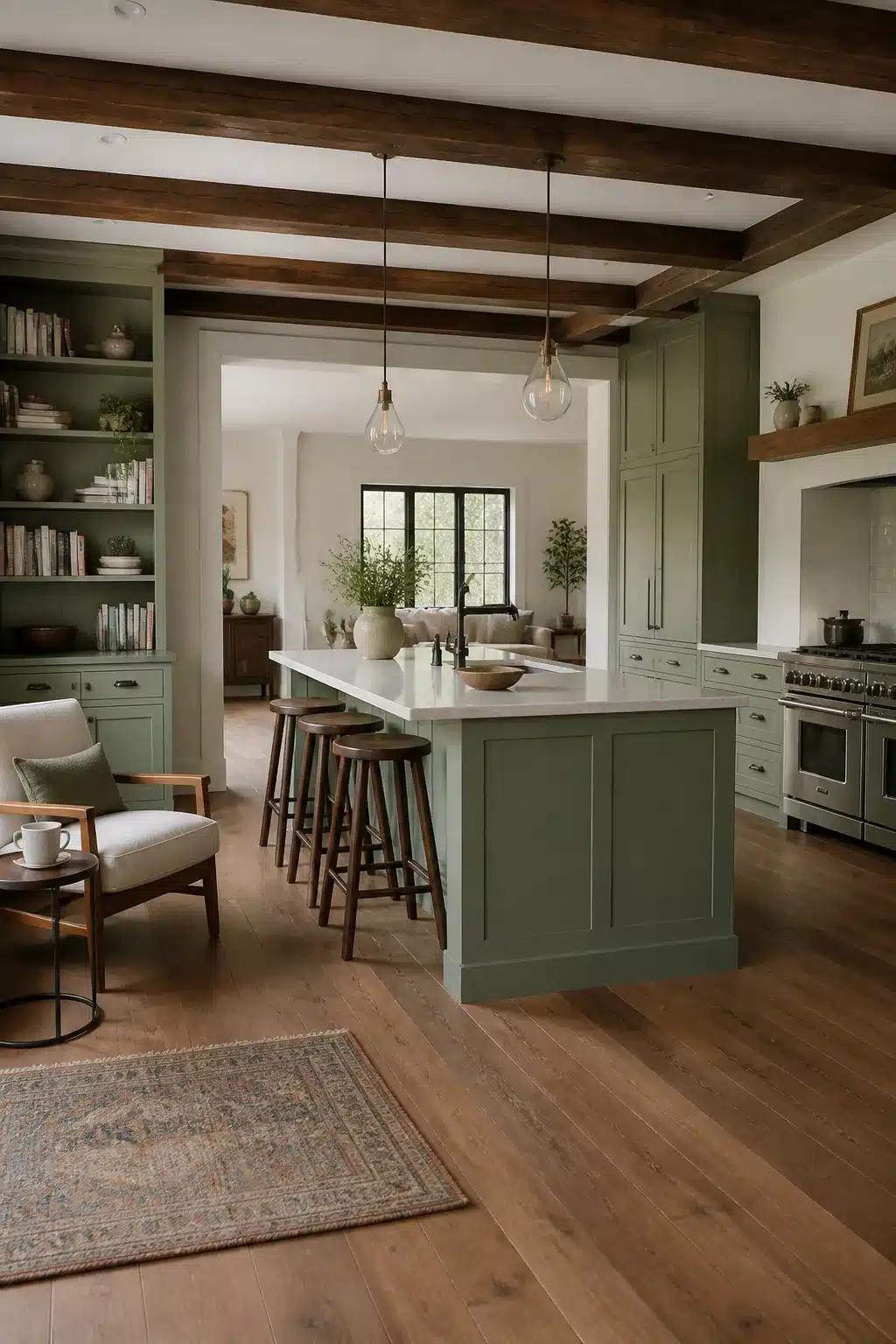 Sage green kitchen cabinets with large island, white countertop, and dark exposed timber ceiling beams