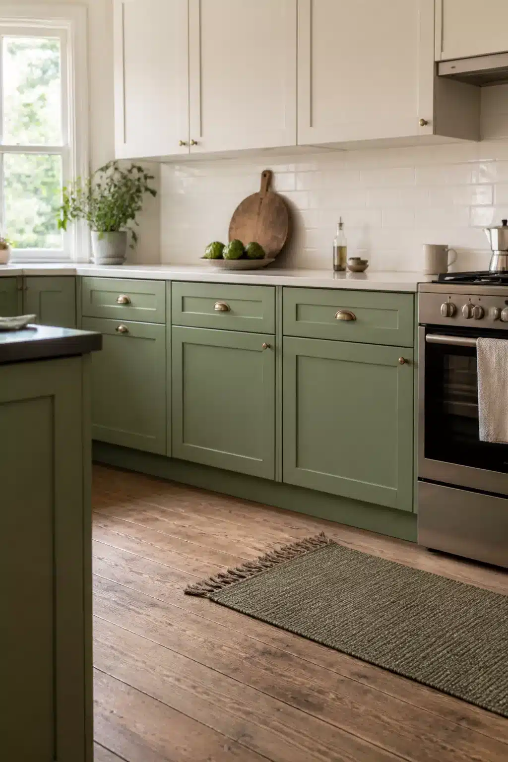 Sage green kitchen cabinets with white upper cabinets, subway tile backsplash, brass cup pulls, and wood floors