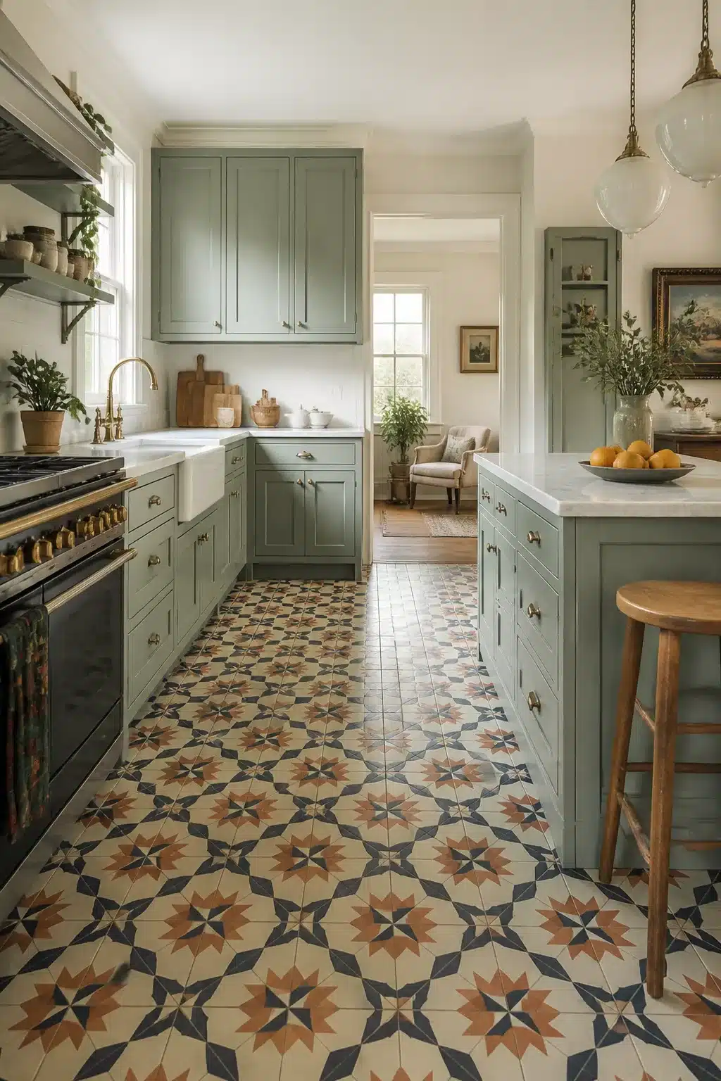 Sage green kitchen cabinets with geometric encaustic floor tile in terracotta and navy, brass faucet, farmhouse sink