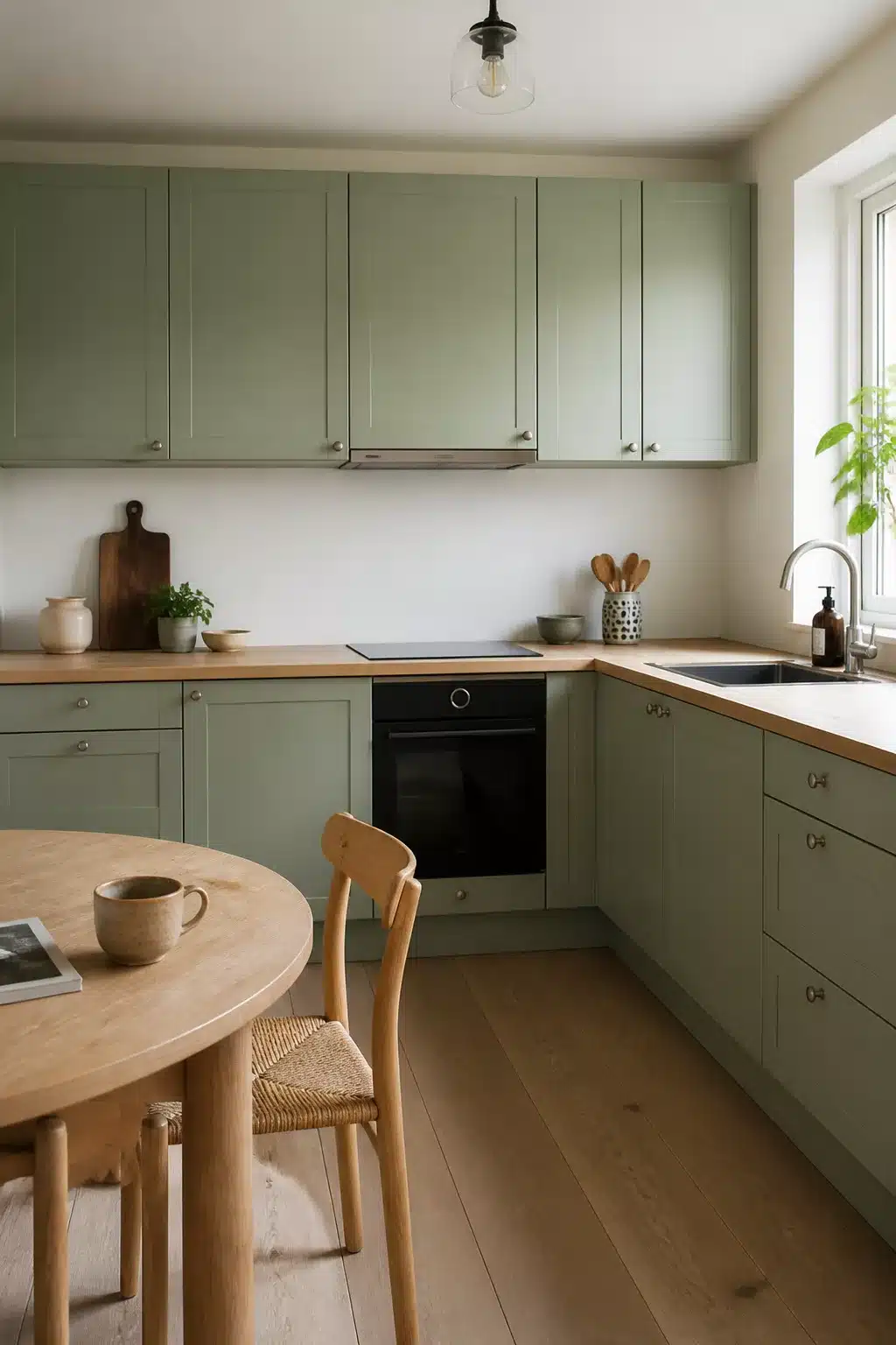Sage green shaker kitchen cabinets with warm birch wood countertops in a bright Scandinavian-style kitchen