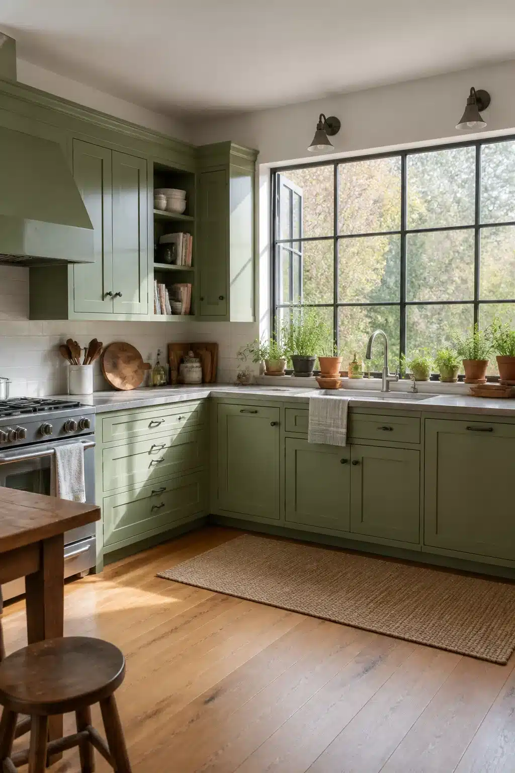 Sage green kitchen cabinets with steel-frame greenhouse window, herb pots on windowsill, and oak hardwood floor.