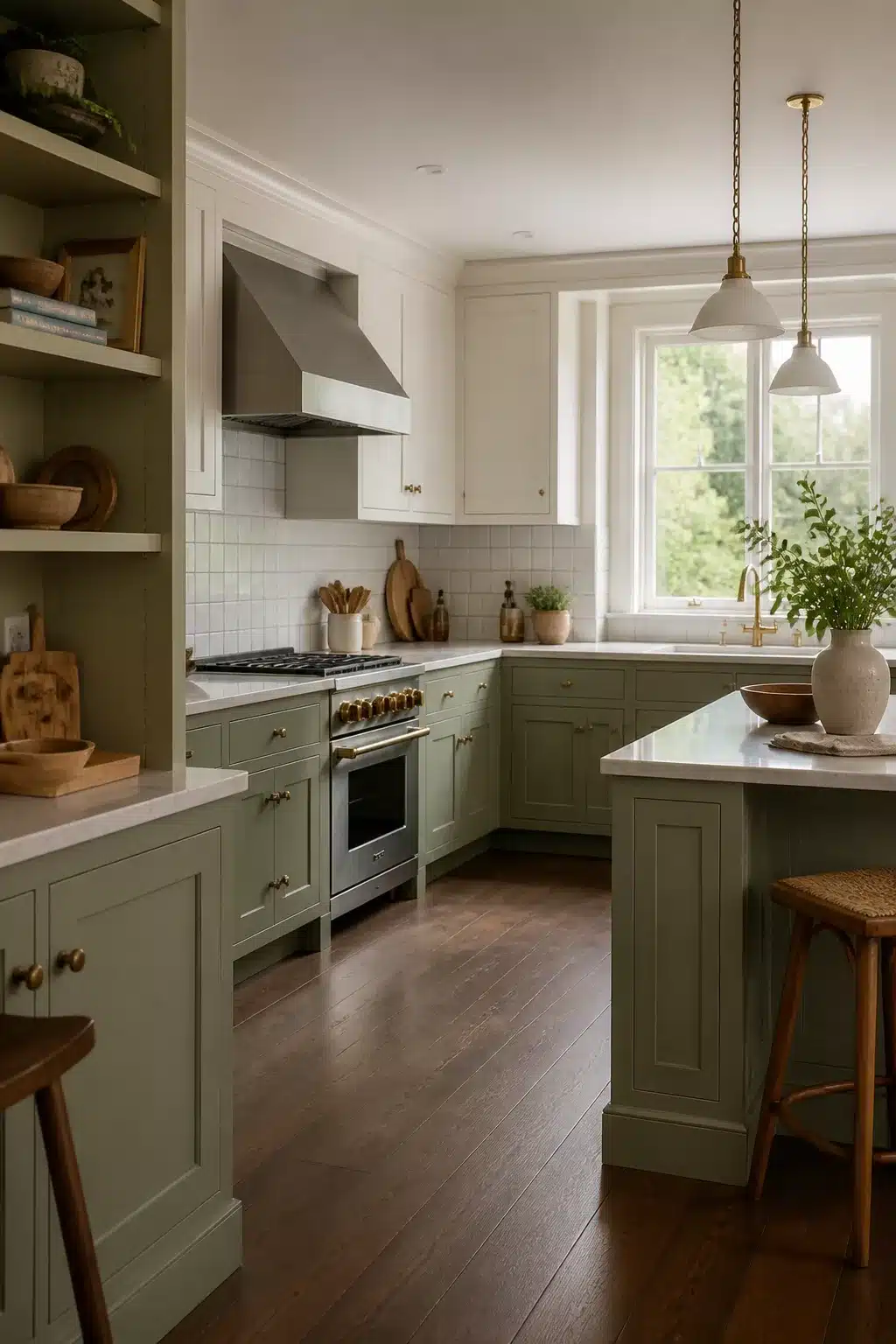 Two-tone kitchen with sage green lower cabinets, cream upper cabinets, brass hardware, and white subway tile backsplash