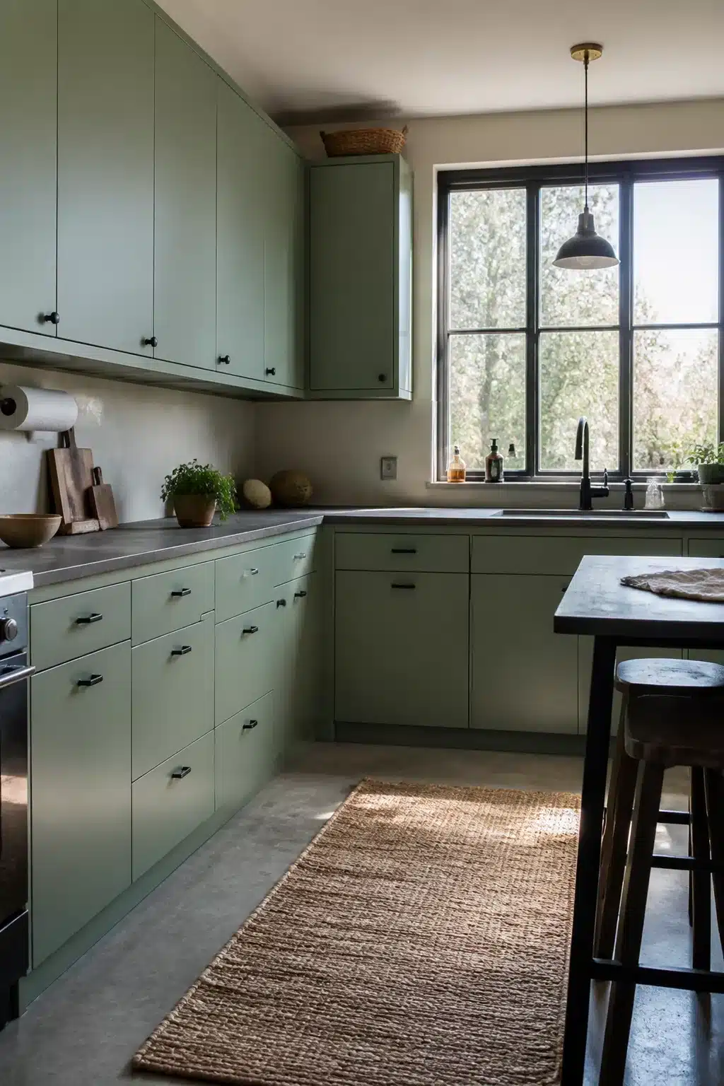 Sage green kitchen cabinets with concrete countertops, matte black hardware, jute runner, and black pendant light