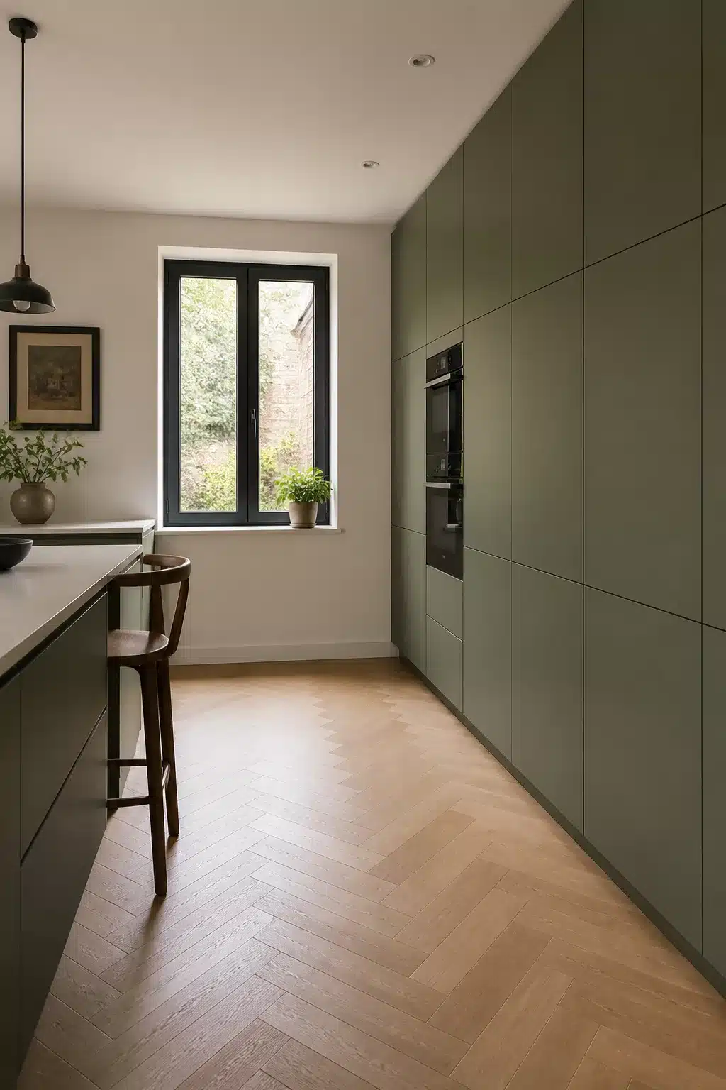 Floor-to-ceiling sage green kitchen cabinets with handleless doors, black built-in ovens, and herringbone oak flooring.