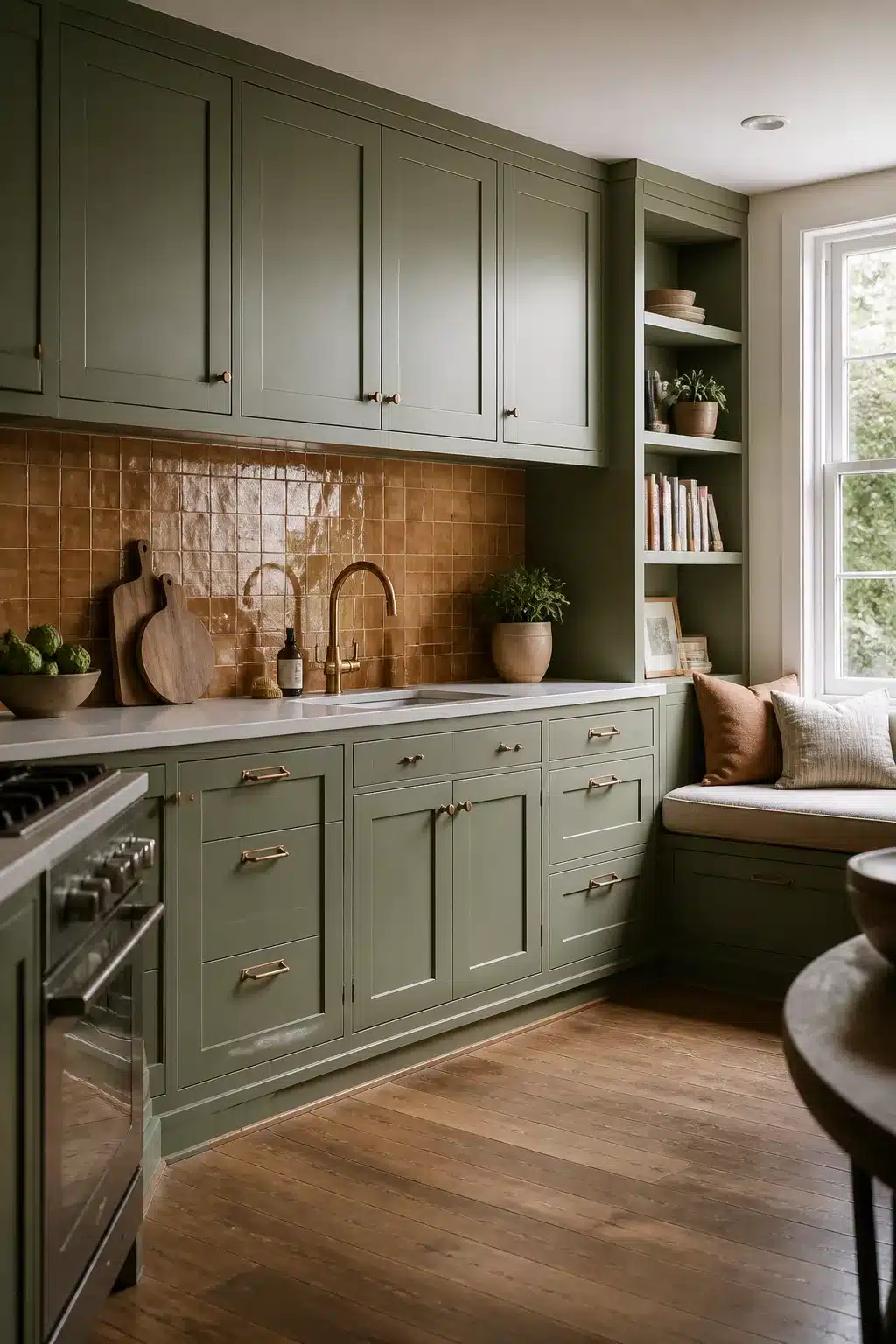 Sage green kitchen cabinets with a terracotta square tile backsplash, brass hardware, and a built-in window bench