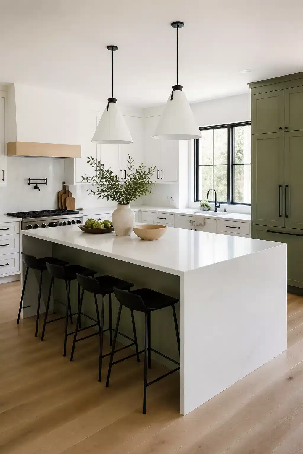 Sage green kitchen island with white cabinets, cone pendants, and black bar stools — sage green kitchen cabinets idea