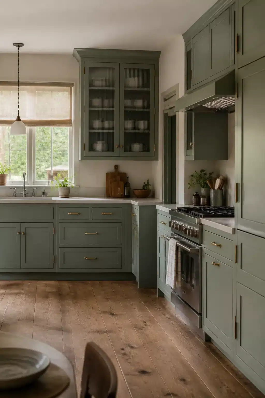 Sage green kitchen cabinets with fluted glass doors, brass bar pulls, and wide plank hardwood floors.