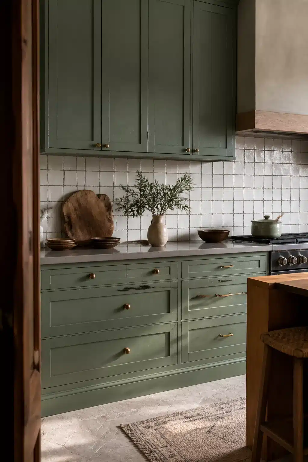 Sage green kitchen cabinets with handmade square tile backsplash, dark grout, brass pulls, and gray countertops