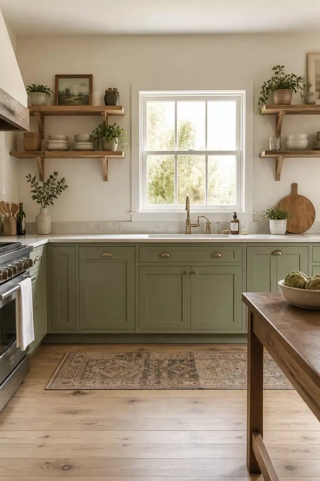 Sage green kitchen color scheme with warm white walls, brass hardware, open wood shelves, and marble countertops.