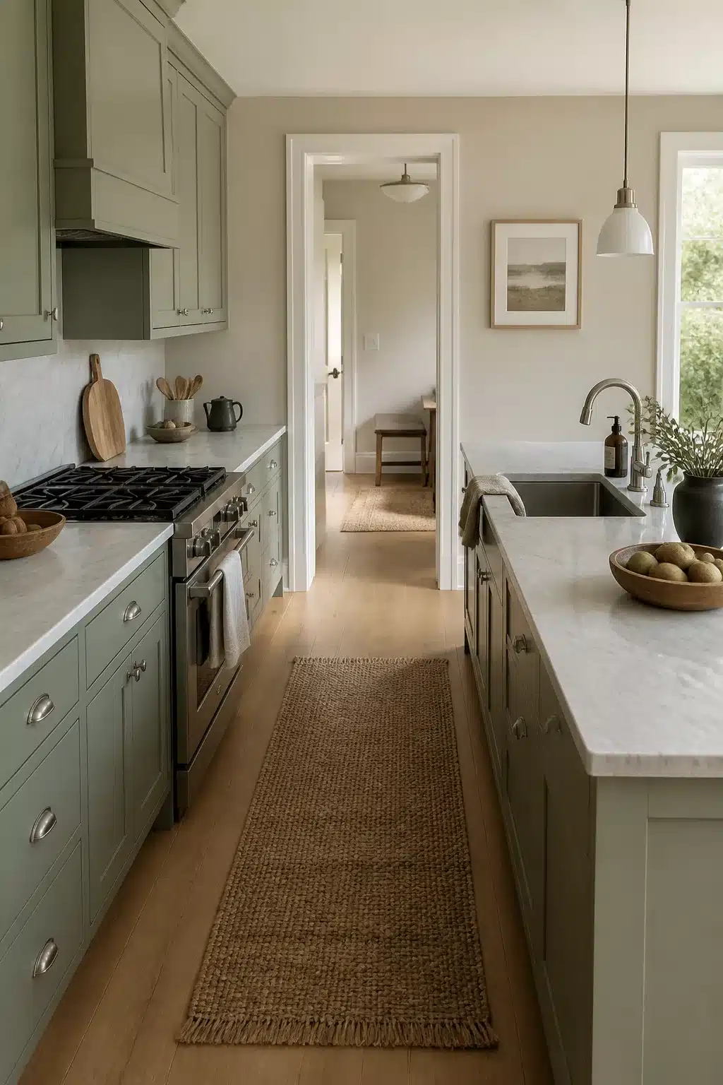 Sage green kitchen color scheme with warm gray walls, shaker cabinets, marble countertops, and jute runner