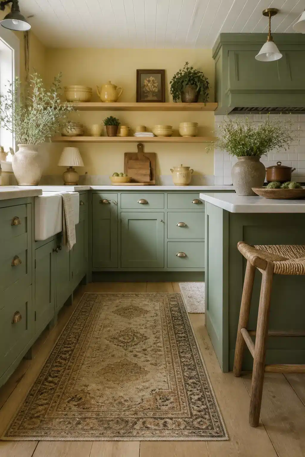 Sage green kitchen color scheme with butter yellow walls, open wood shelves, and a vintage rug runner