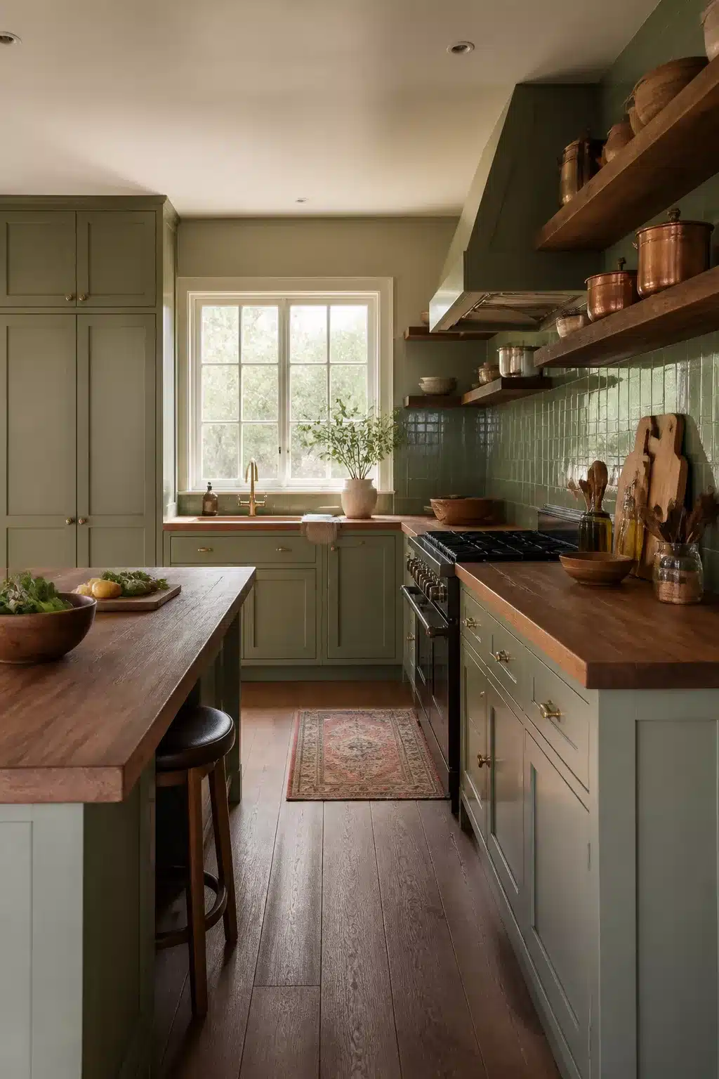 Sage green kitchen color scheme with walnut butcher block counters, open shelving, and copper cookware accents.