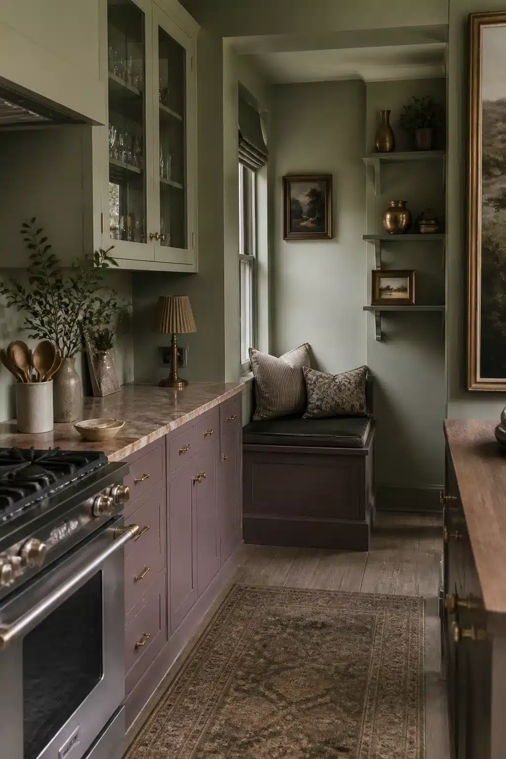 Sage green kitchen color scheme with dusty mauve lower cabinets, brass hardware, stone countertop, and window bench nook.