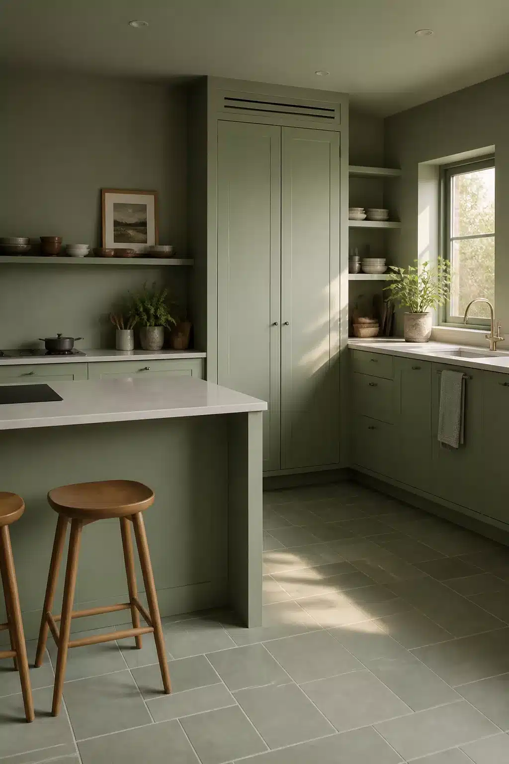 All-sage tonal kitchen color scheme with sage green cabinets, stone tile floor, and white countertops