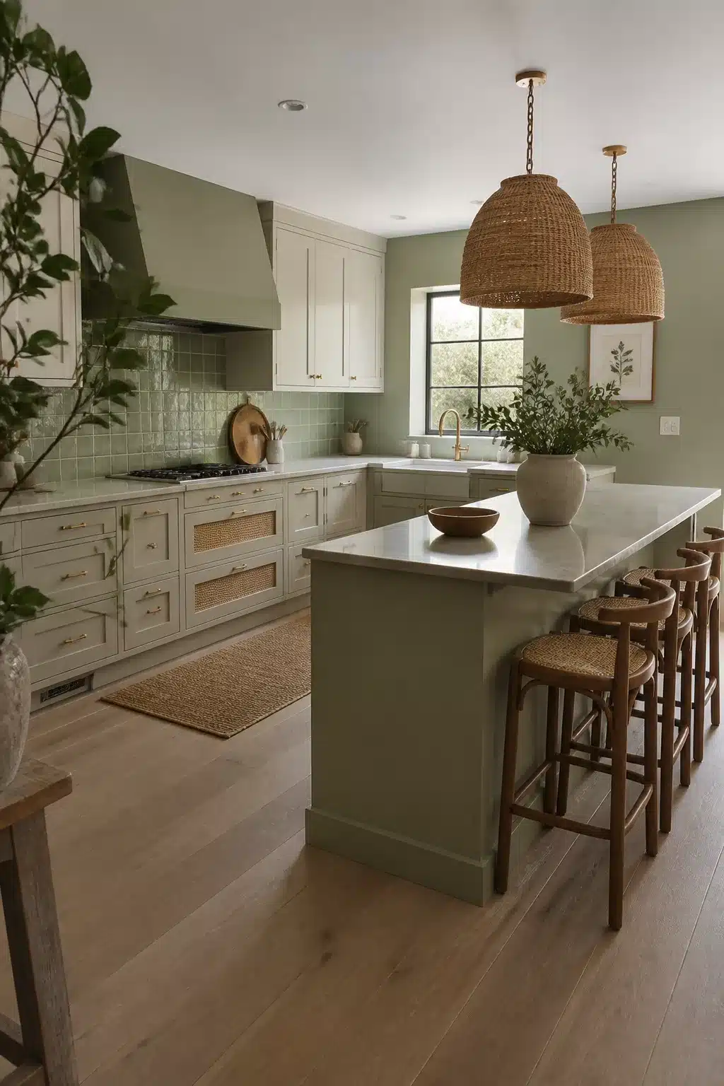 Sage green kitchen color scheme with off-white cabinets, rattan inserts, woven pendants, and white quartz island.