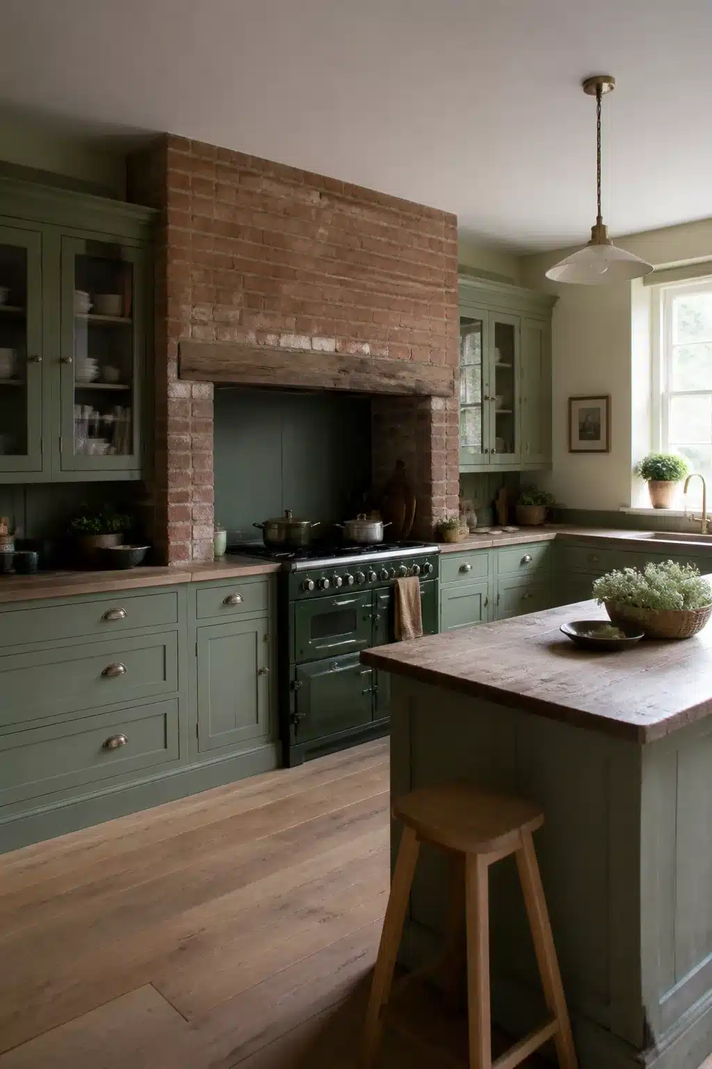 Sage green kitchen color scheme with exposed brick chimney, dark green range, and wood countertops.