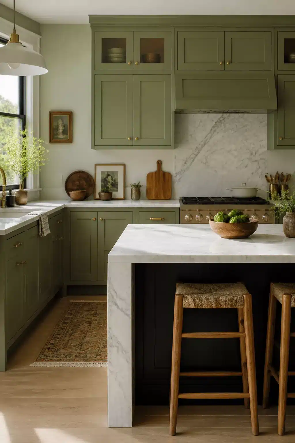 Sage green kitchen color scheme with dark island, marble countertops, and brass hardware on shaker cabinets