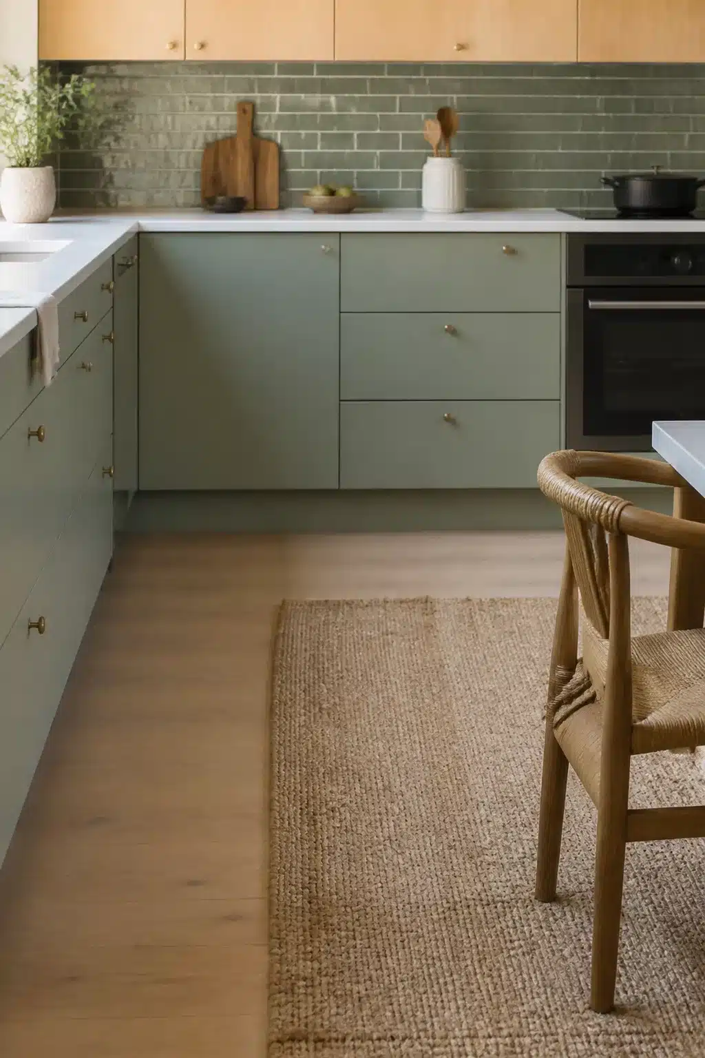Sage green kitchen color scheme with pale oak floors, subway tile backsplash, brass hardware, and wishbone chair