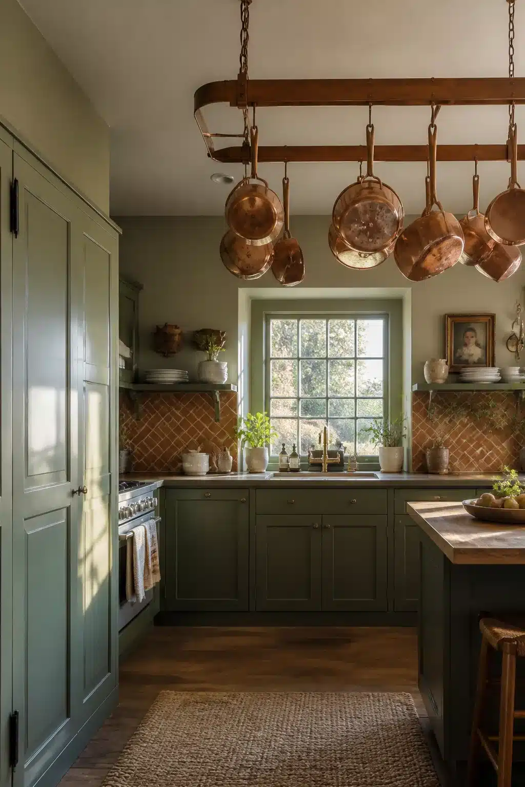 Sage green kitchen color scheme with dark green cabinets, copper pot rack, and terracotta herringbone backsplash