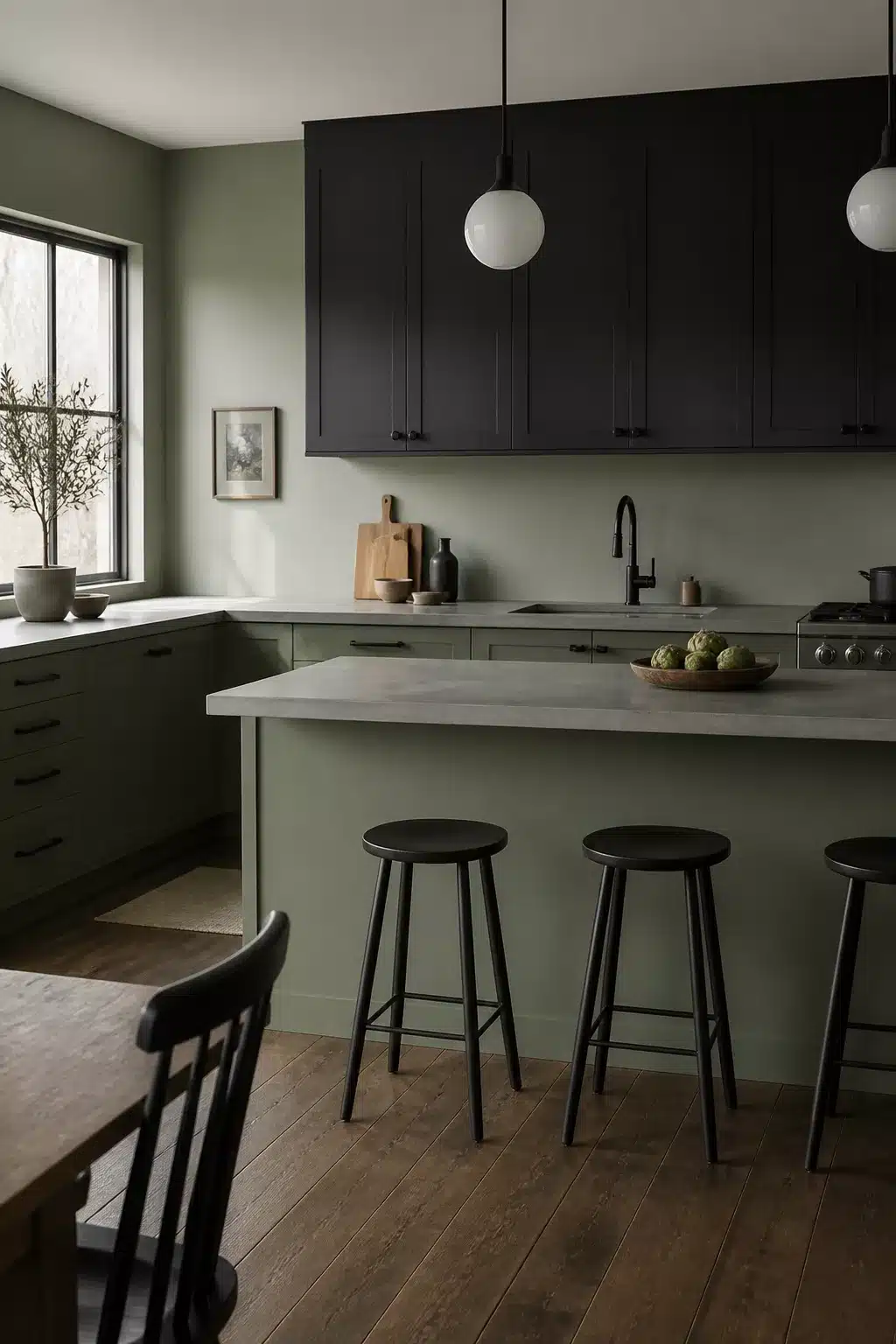 Sage green kitchen color scheme with charcoal upper cabinets, concrete countertops, and black hardware accents.