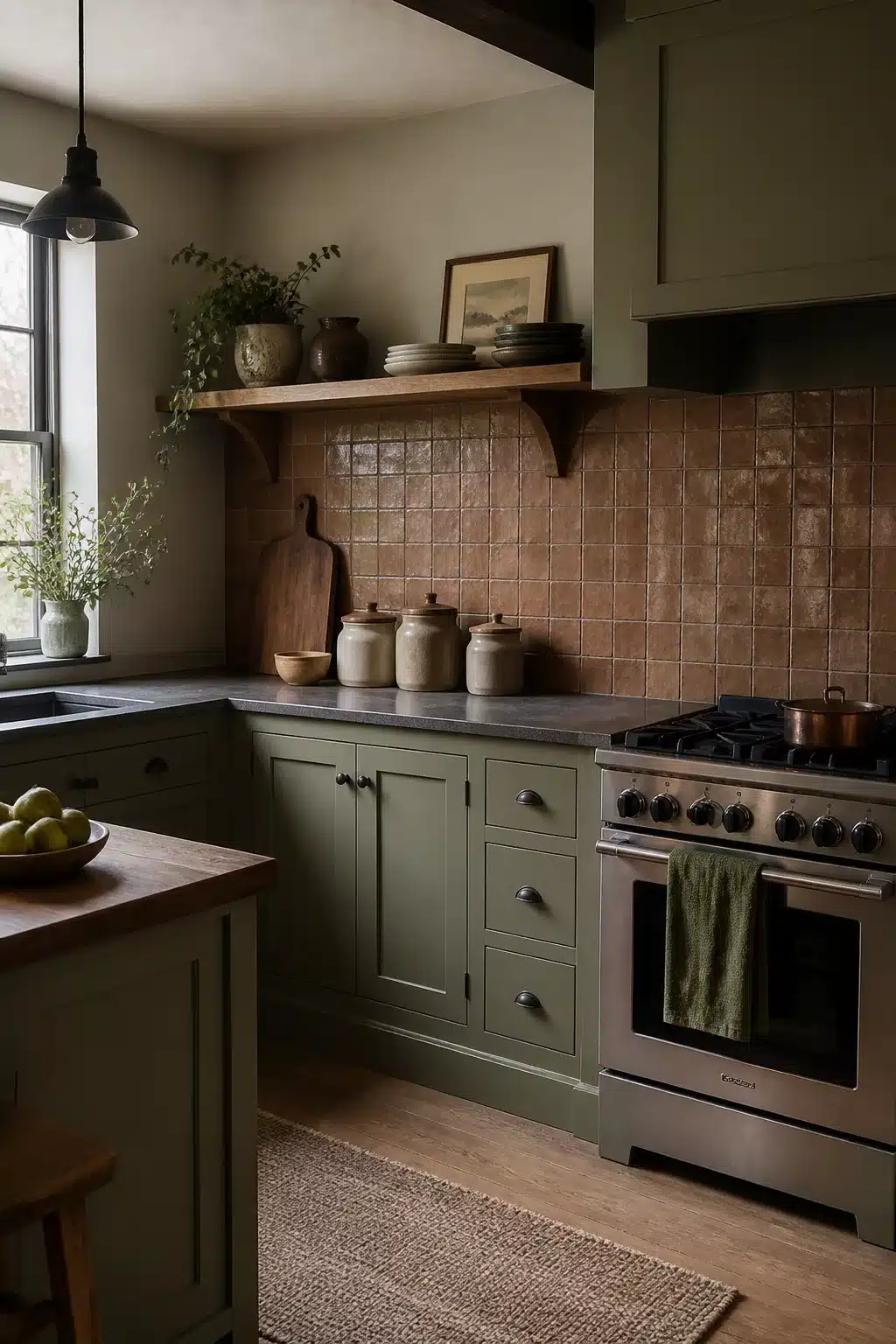 Sage green kitchen color scheme with terracotta square backsplash tiles, shaker cabinets, and stone countertops