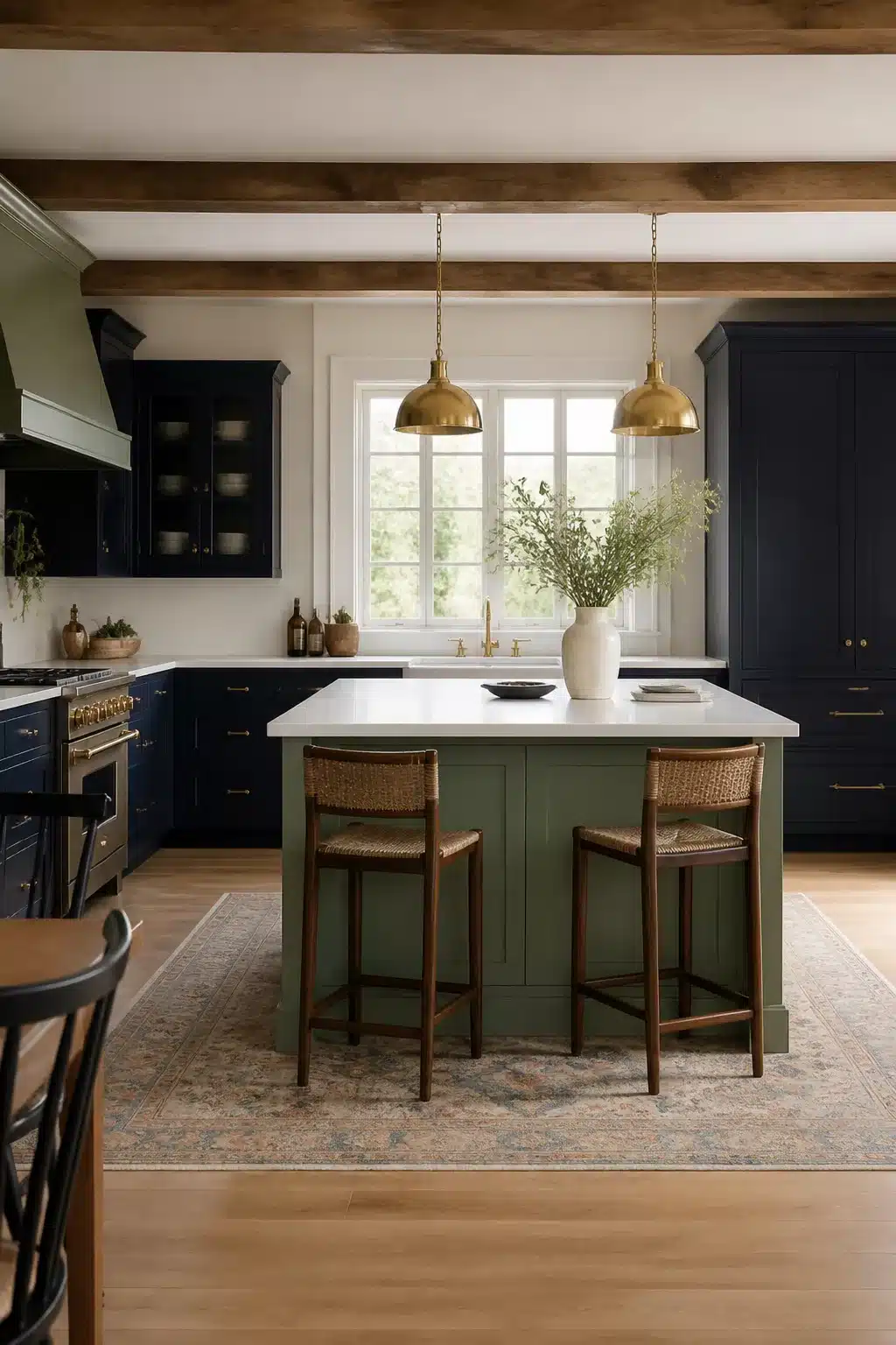 Sage green kitchen color scheme with midnight navy cabinets, brass pendants, and exposed wood ceiling beams