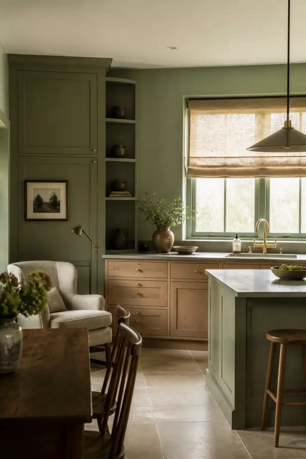 Sage green kitchen color scheme with raw linen roman shade, oak cabinets, and brass fixtures