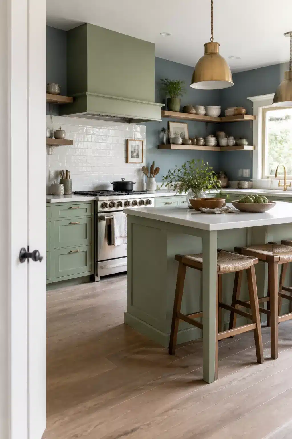 Sage green kitchen color scheme with slate blue walls, open shelving, brass pendants and white subway tile backsplash