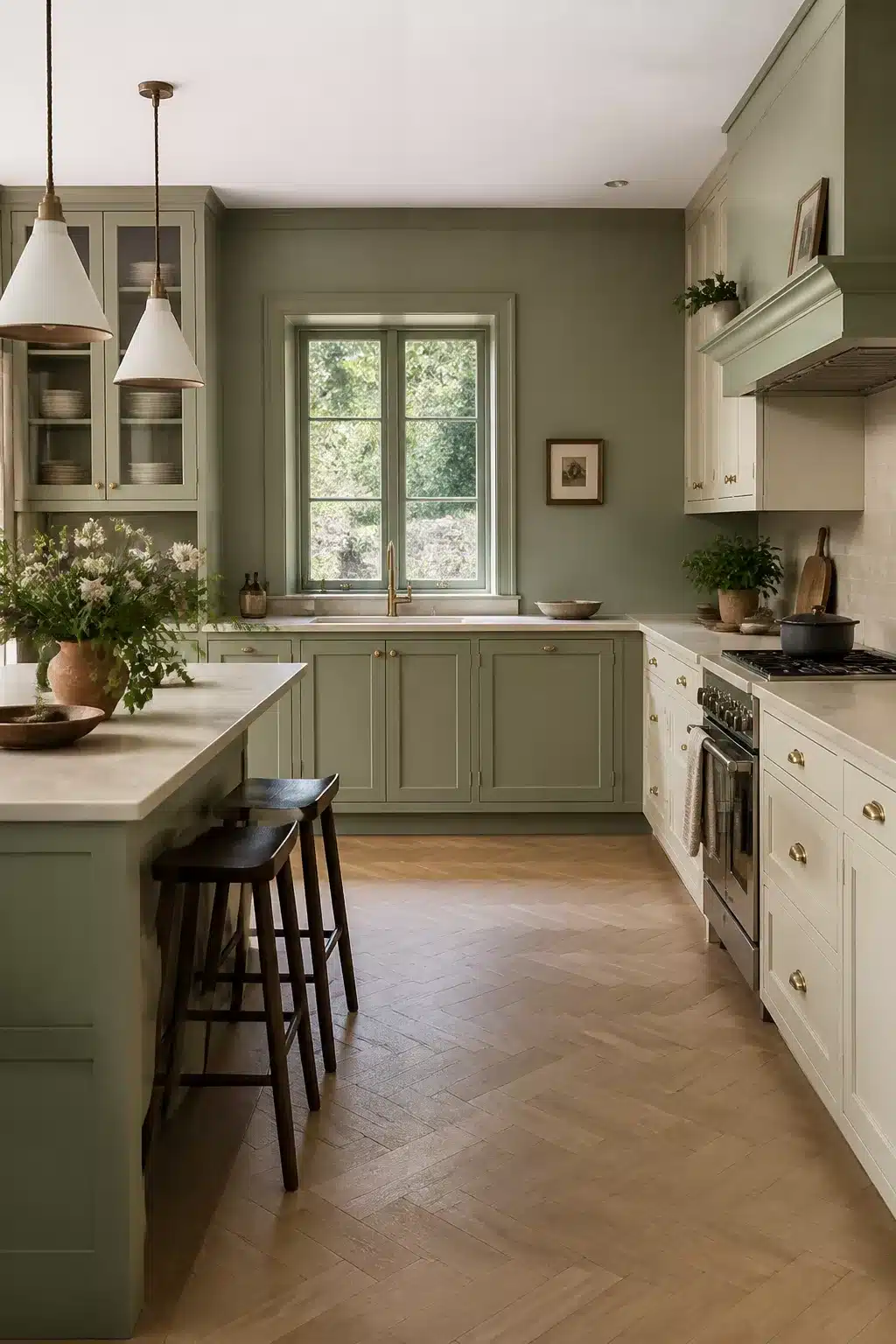 Sage green kitchen color scheme with cream cabinets, brass hardware, and herringbone wood floors