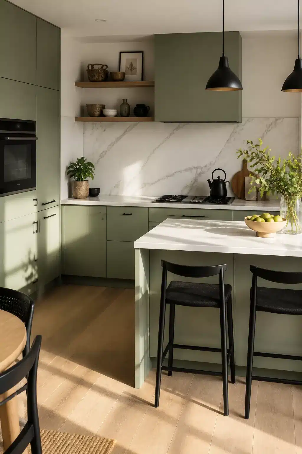 Sage green kitchen color scheme with matte black pendants, marble backsplash, and pale wood floors