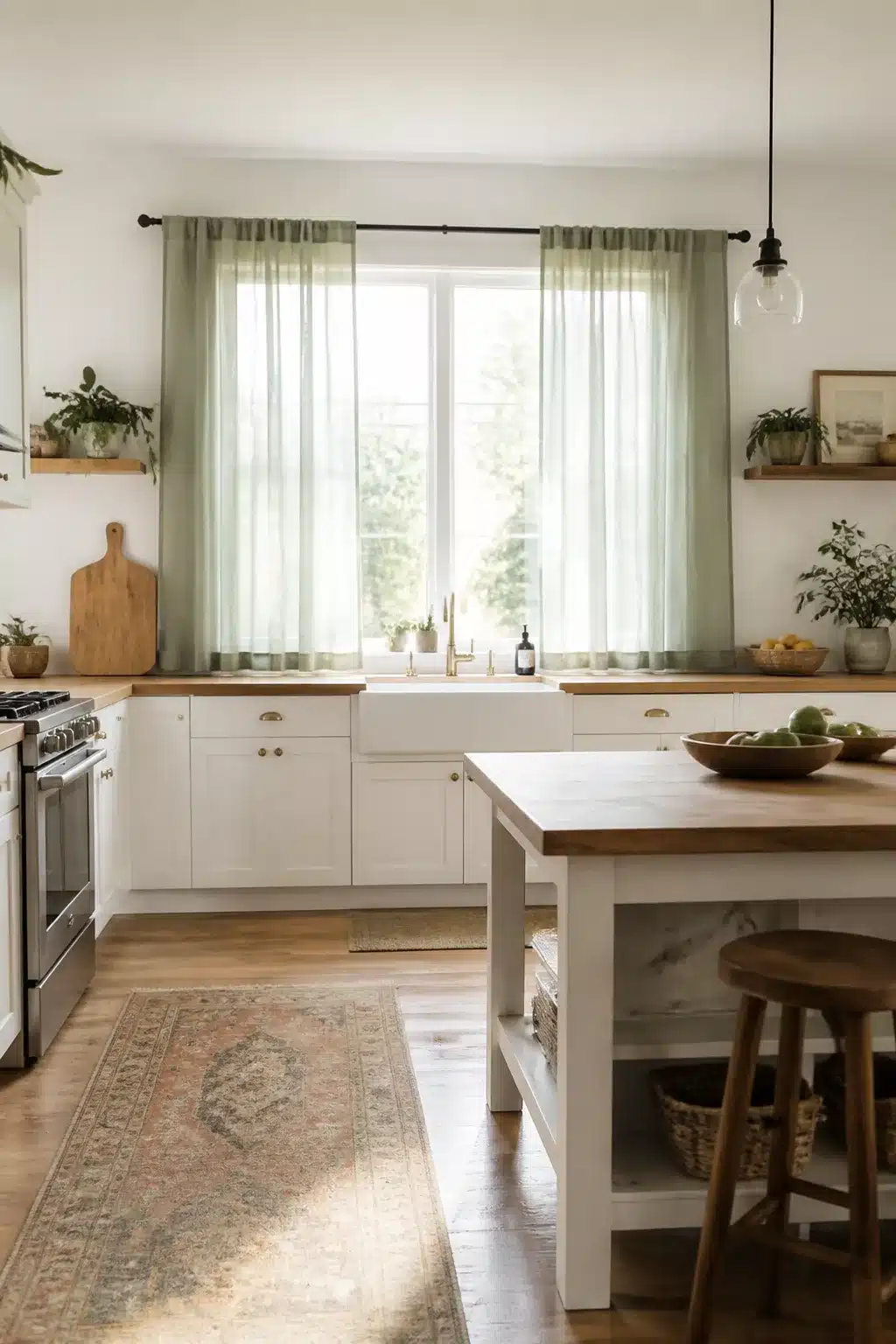 Sheer sage green kitchen curtains on a black rod over a farmhouse sink with white cabinets and wood countertops