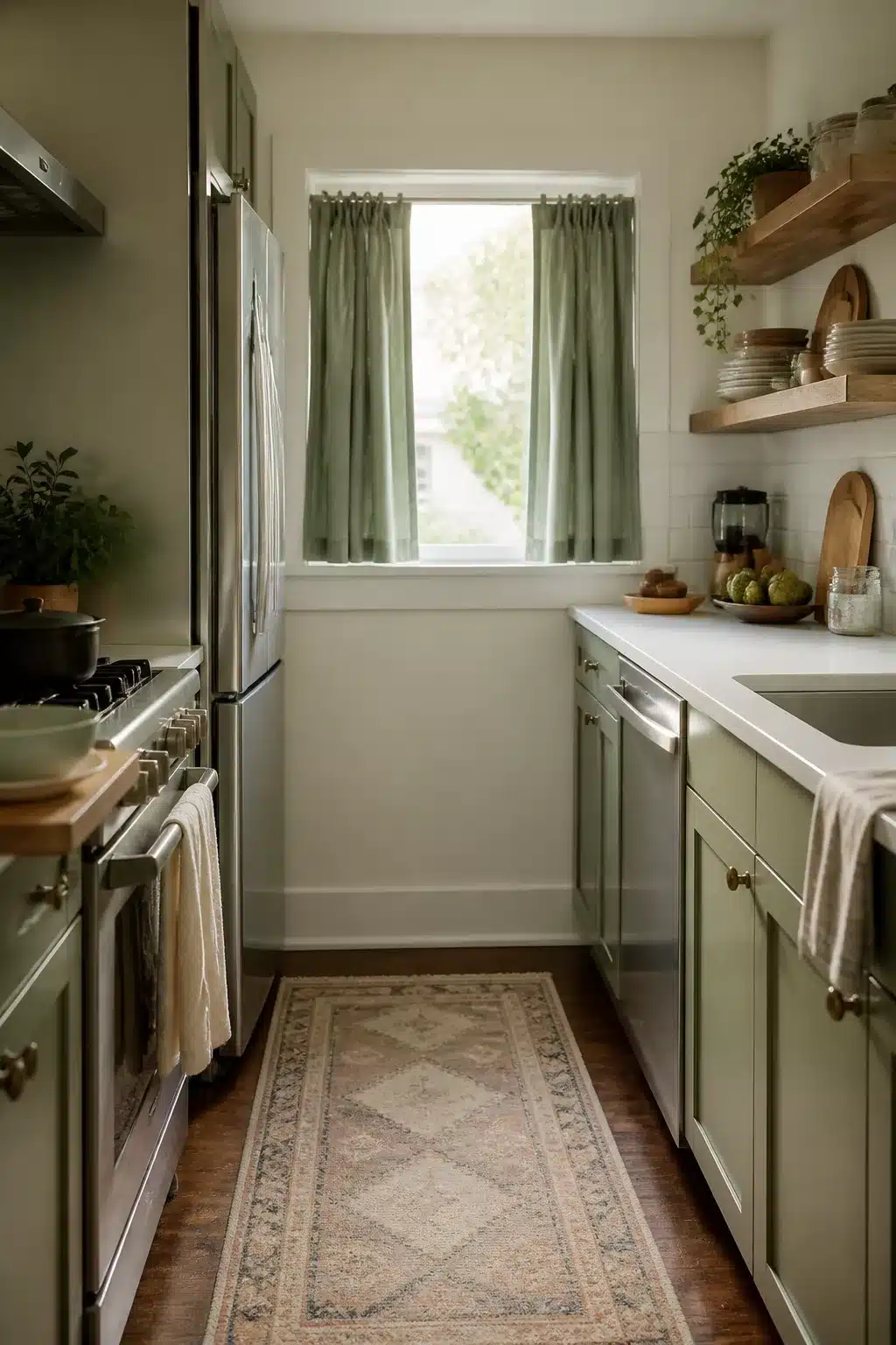 Short sage green kitchen curtains on a window in a narrow galley kitchen with matching cabinets and a vintage runner rug