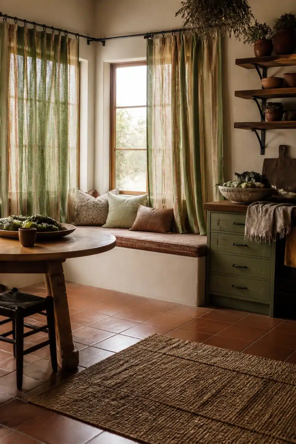 Sage green kitchen curtains with terracotta stripes above a built-in window seat and terracotta tile floor