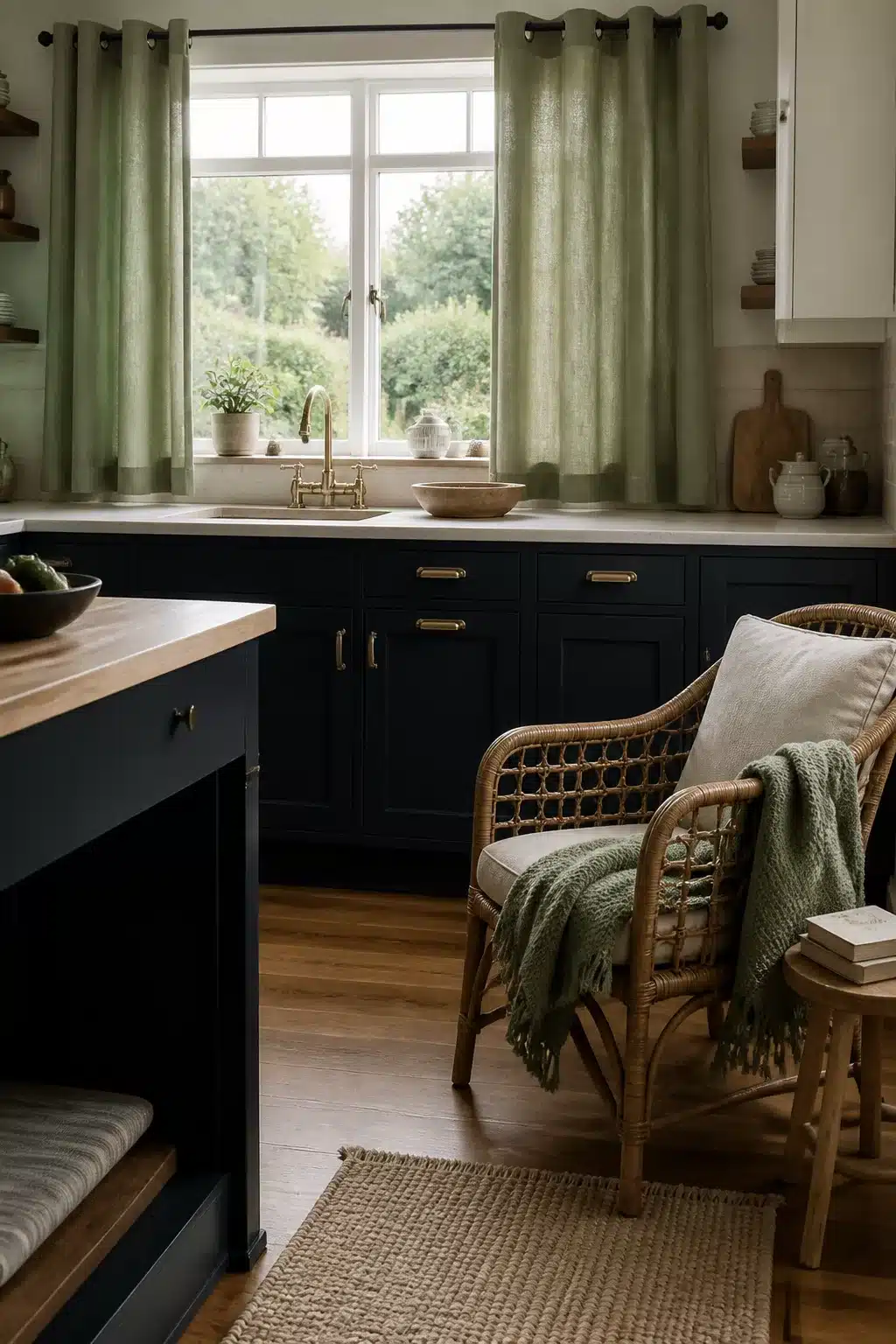 Sage green eyelet curtains paired with dark navy shaker cabinets and brass hardware in a cozy kitchen