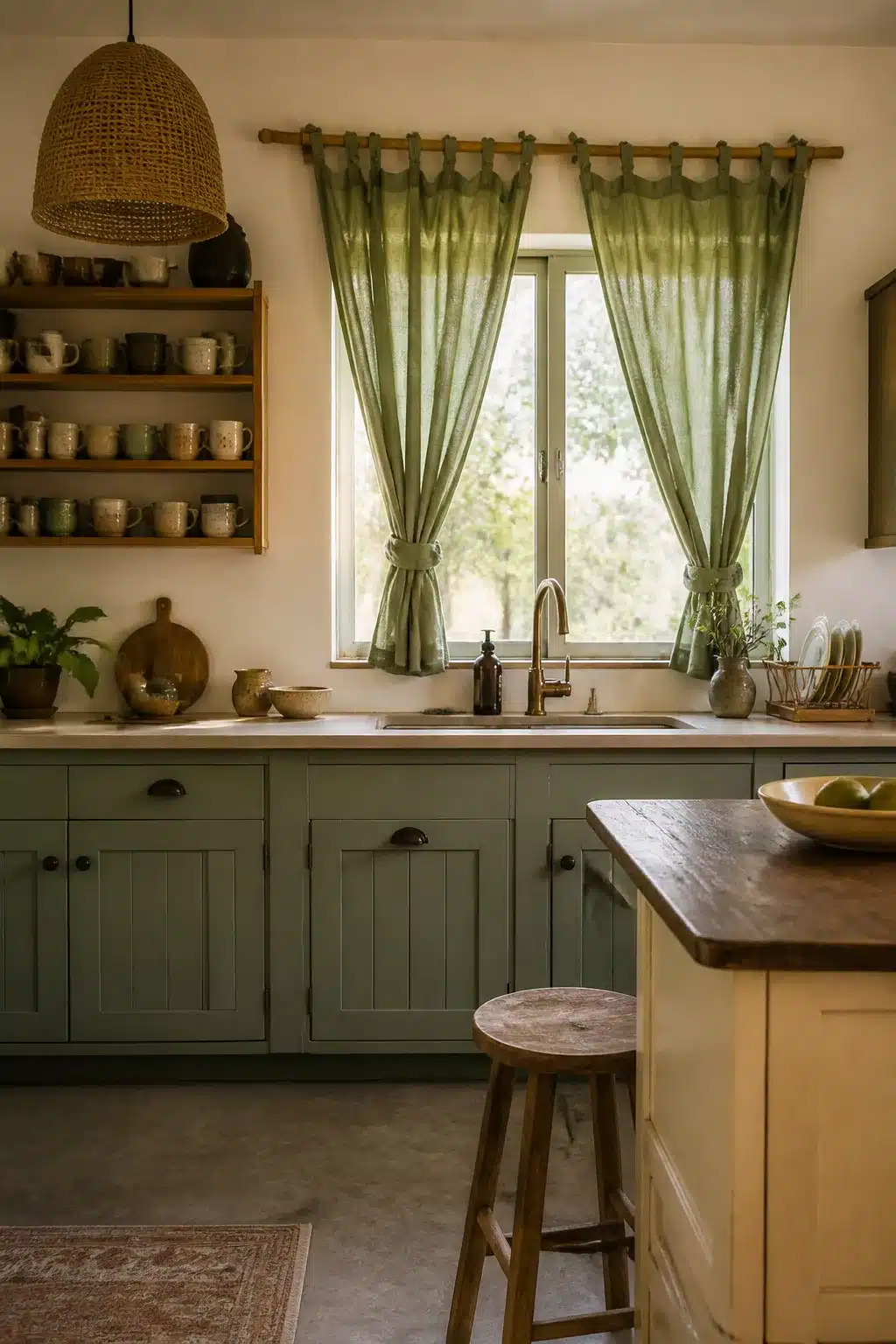 Tie-top sage green kitchen curtains on a wooden rod in a boho kitchen with open shelving and wicker pendant light.
