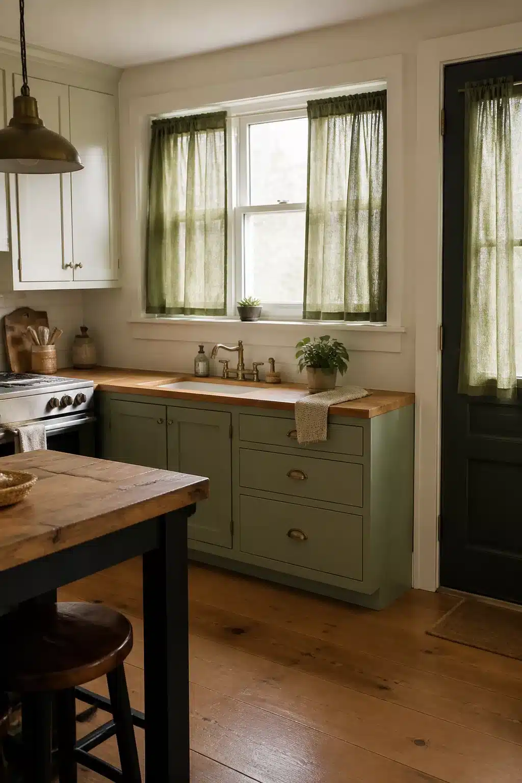 Sage green kitchen curtains with smocked heading above a butcher block sink counter in a farmhouse kitchen.