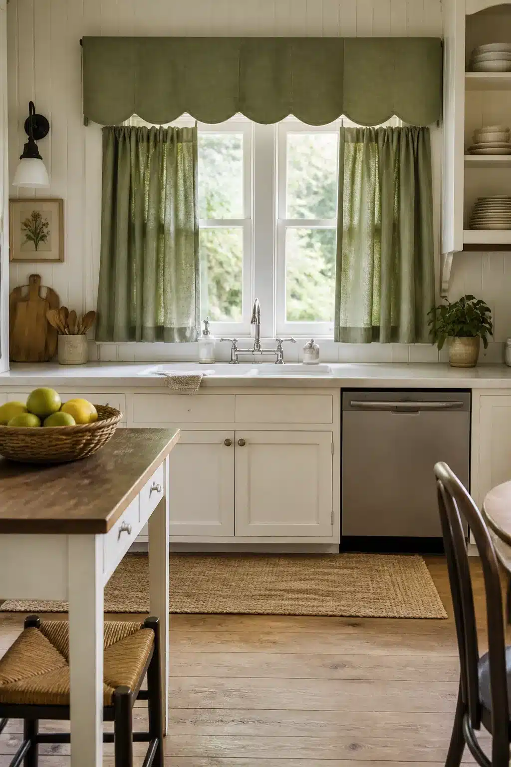 Sage green kitchen curtains with scallop-edge valance and café panels over a white farmhouse sink