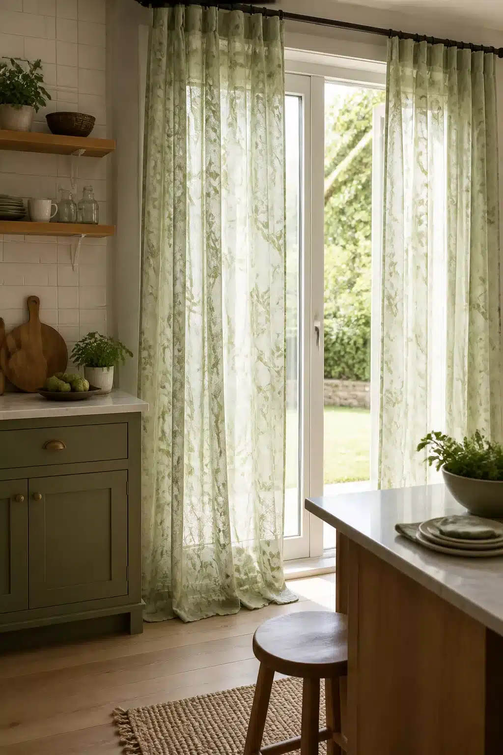 Sage green kitchen curtains in burnout voile with botanical print framing a garden door in a green kitchen