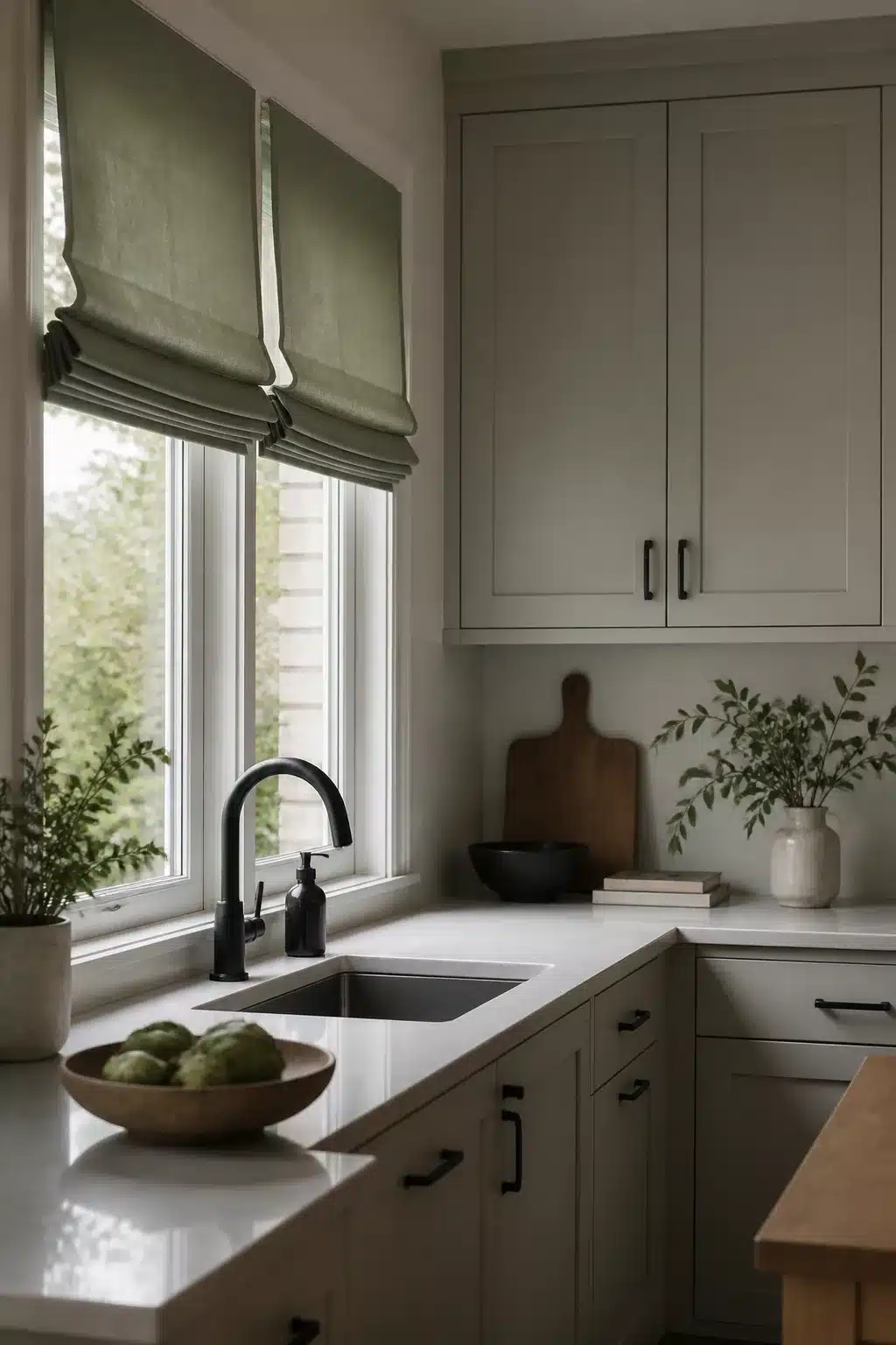 Sage green Roman shades as kitchen curtains above a white quartz sink with greige shaker cabinets