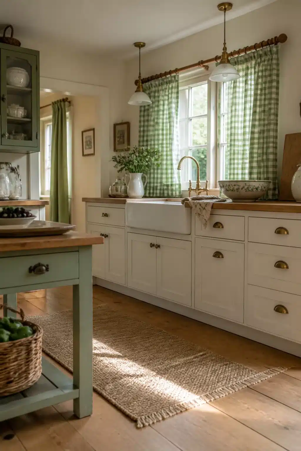 Sage green gingham check kitchen curtains on brass rod above farmhouse sink with cream shaker cabinets
