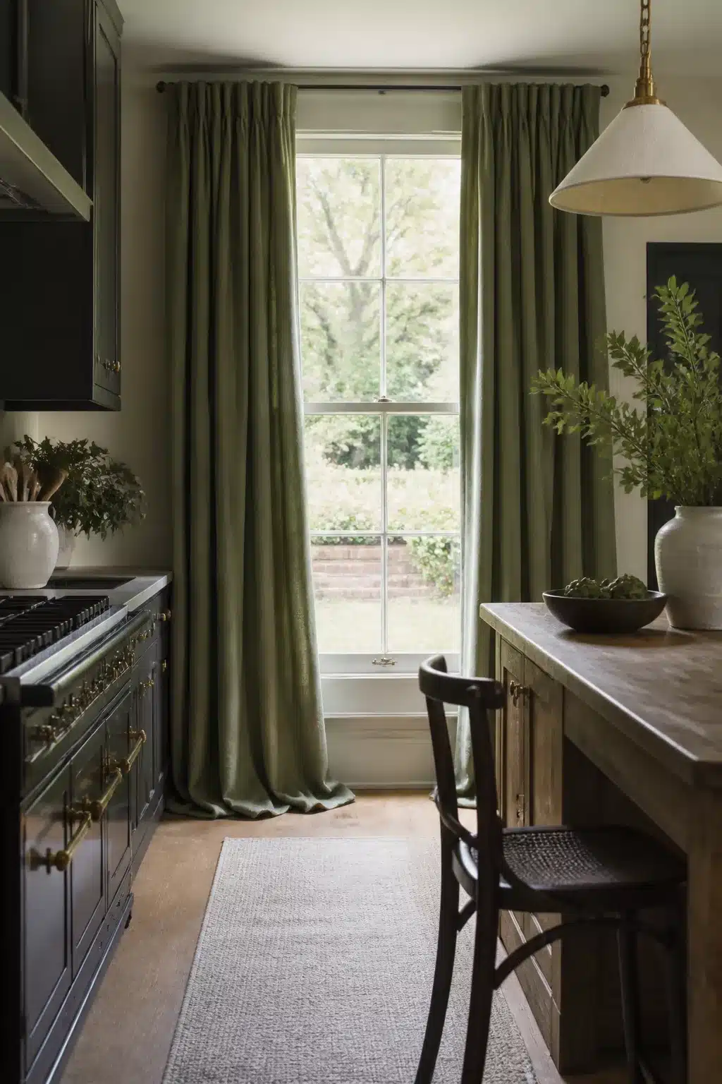 Sage green linen kitchen curtains pooling to the floor beside dark cabinetry and a brass pendant light