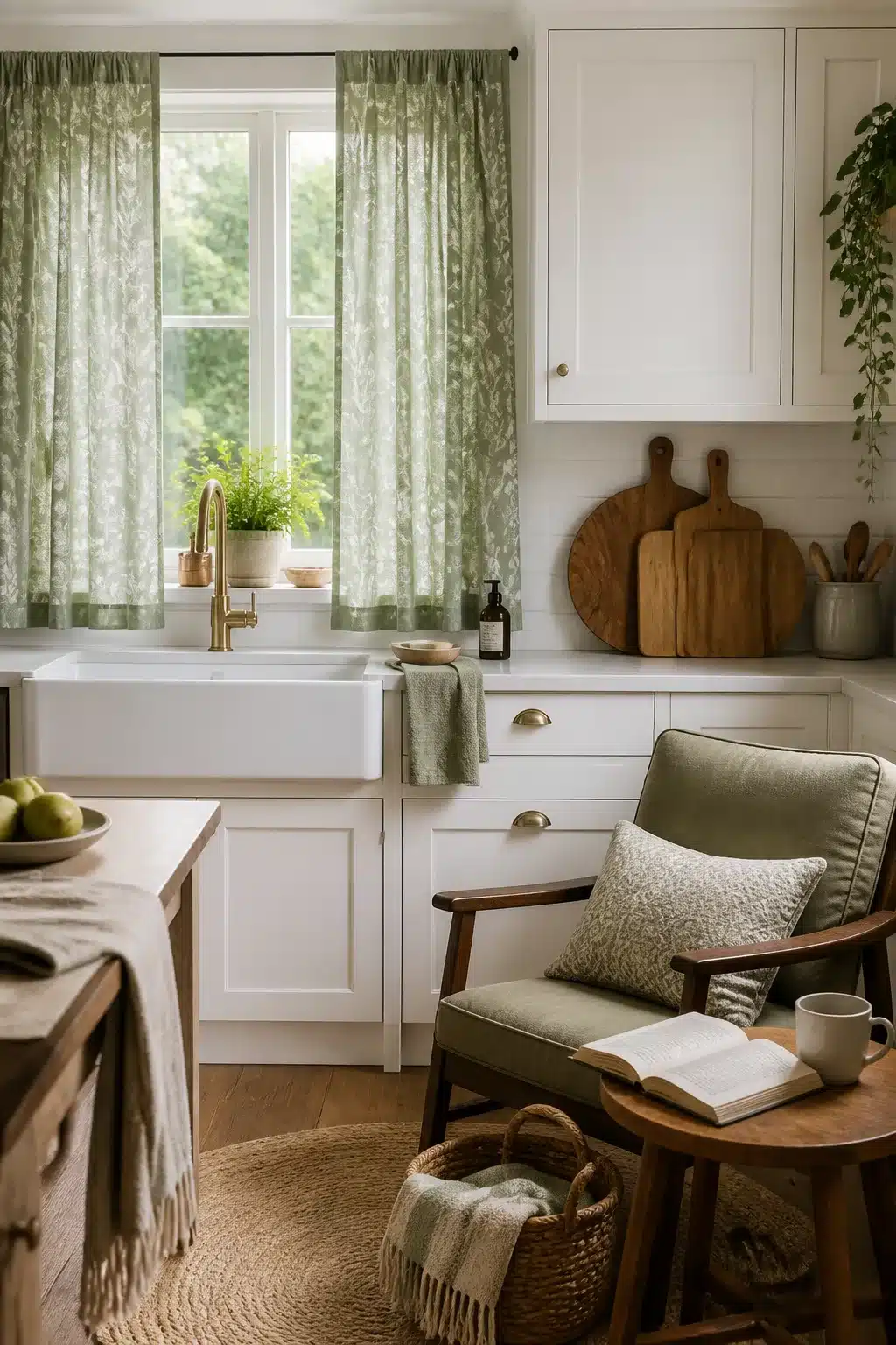 Sage green botanical print kitchen curtains paired with white shaker cabinets and brass faucet farmhouse sink