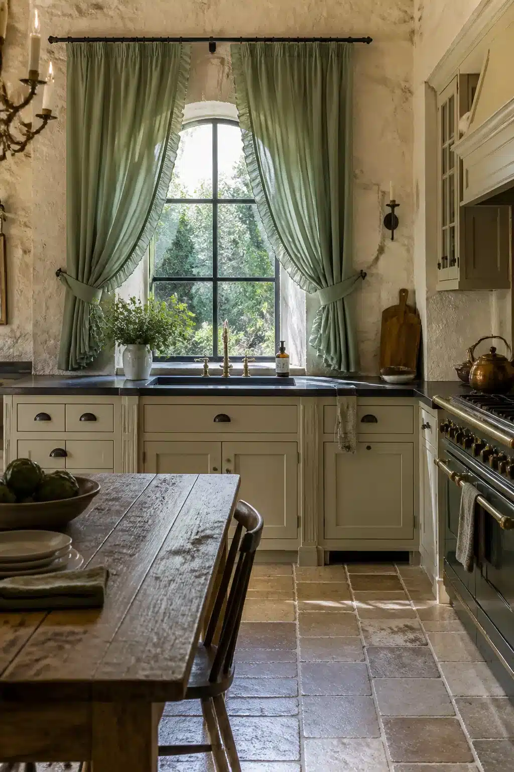 Ruffled sage green kitchen curtains tied back over a farmhouse sink with stone floors and cream cabinets