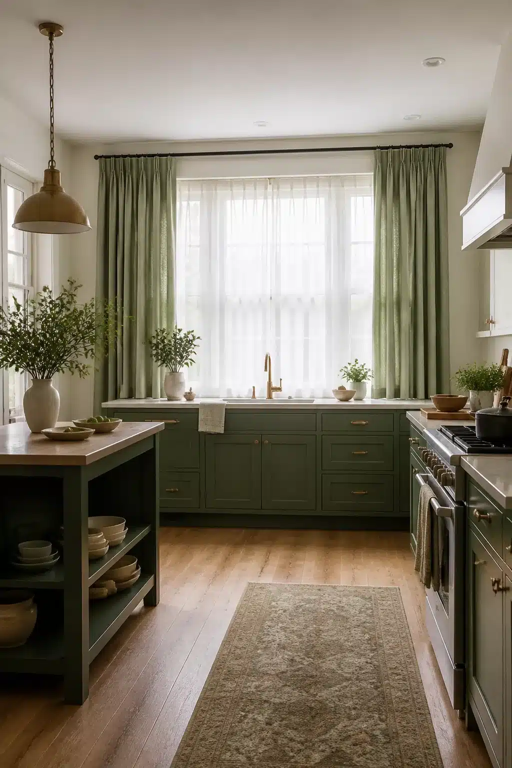 Layered sheer and sage green kitchen curtains over a large window with green cabinets and brass hardware
