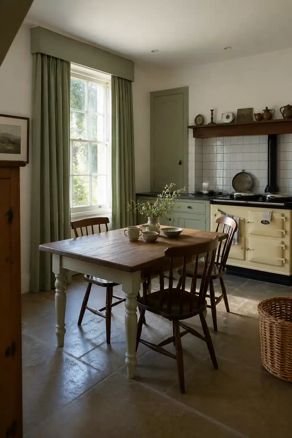 Sage green kitchen curtains with a fabric pelmet beside a cream Aga range and stone flagstone floor.