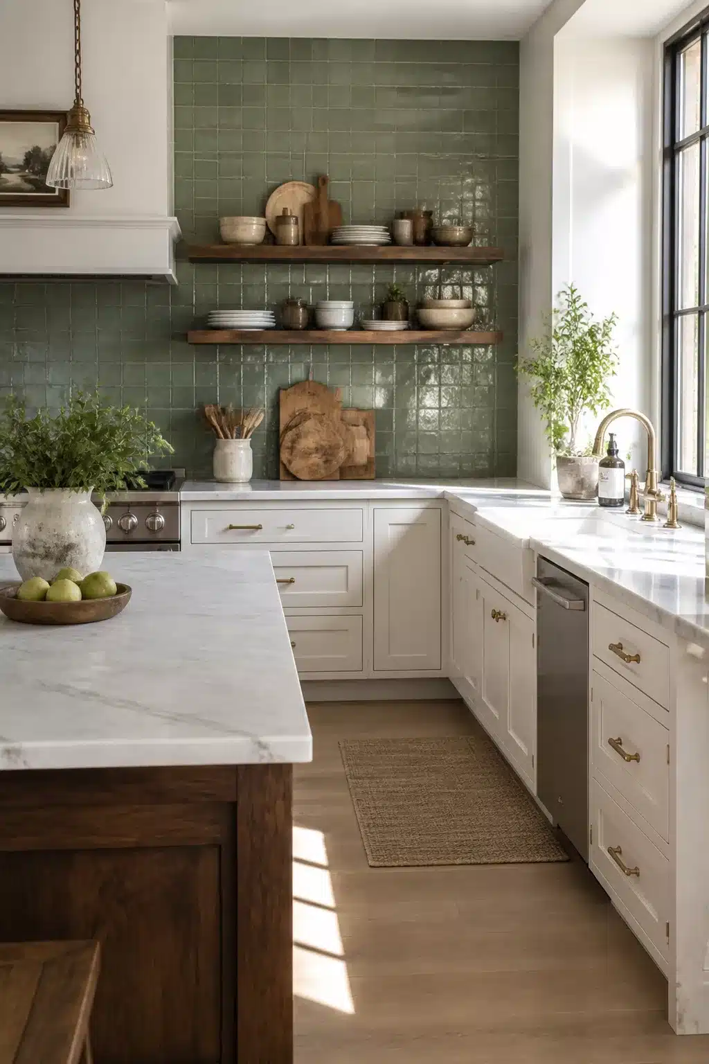 Sage green zellige tile backsplash with white shaker cabinets and marble countertops in a bright kitchen