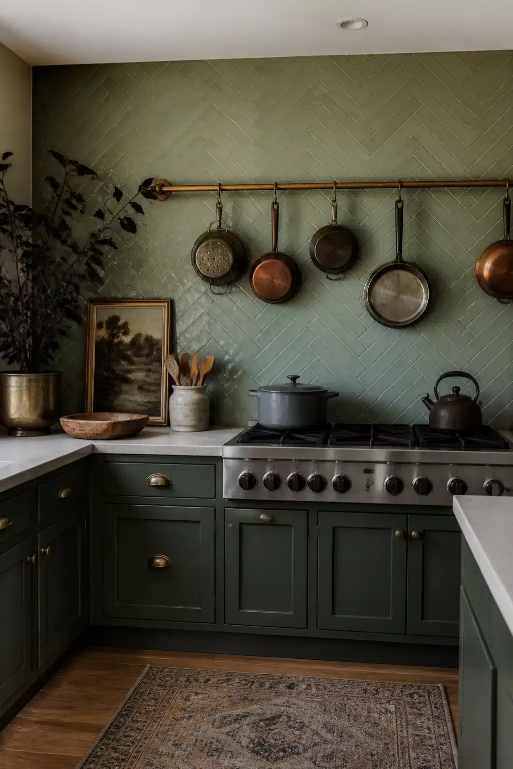 Sage green herringbone kitchen tiles behind a gas range with hanging copper pans and dark green shaker cabinets